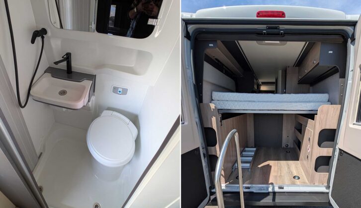 The washroom in the 264 (left) and the storage area beneath the bed (right)