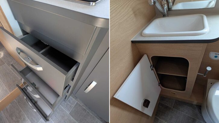 The kitchen drawers (left) and washroom storage (right)