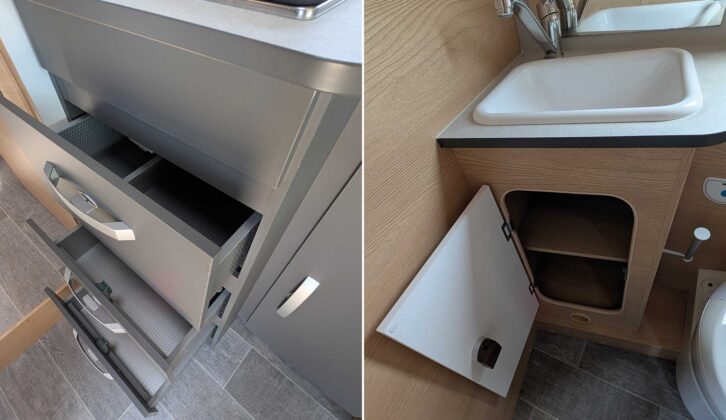 The kitchen drawers (left) and washroom storage (right)
