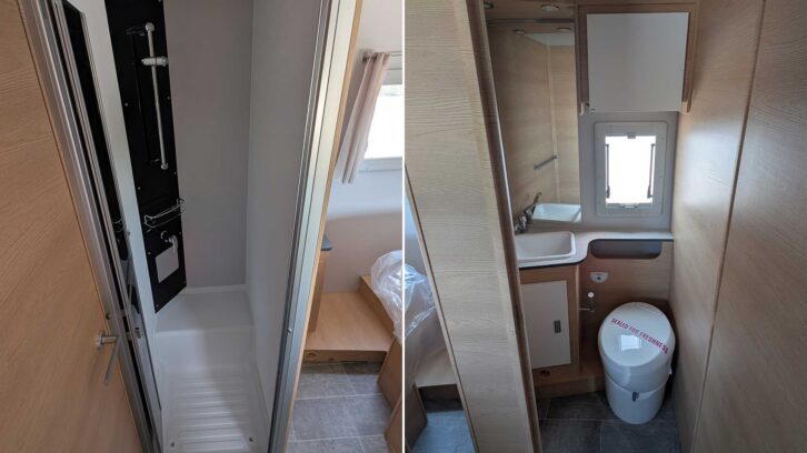 The shower (left) and main washroom (right)