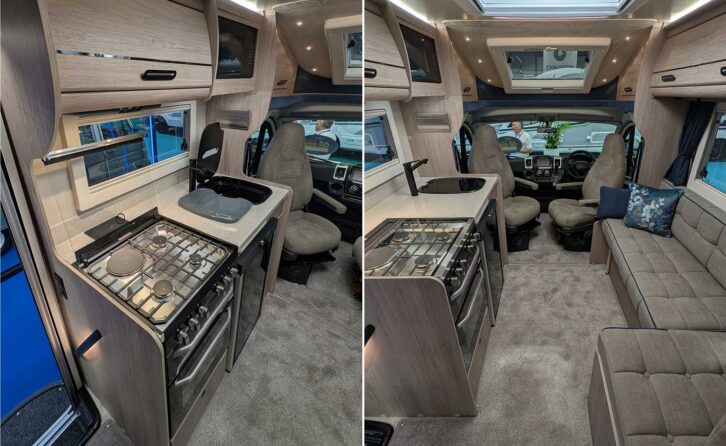 The kitchen in the Broadway IB LXV (left) and looking to the front of the 'van