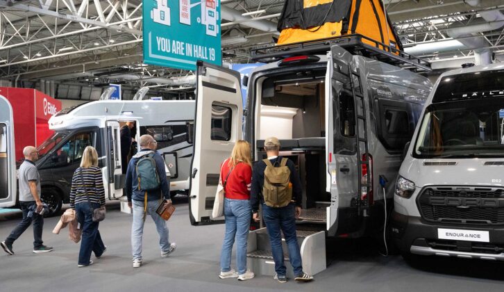 Visitors to the Bailey stand at the Motorhome and Caravan Show