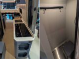 The kitchen in the Mesa (left) and a wardrobe in it (right)