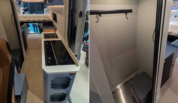The kitchen in the Mesa (left) and a wardrobe in it (right)