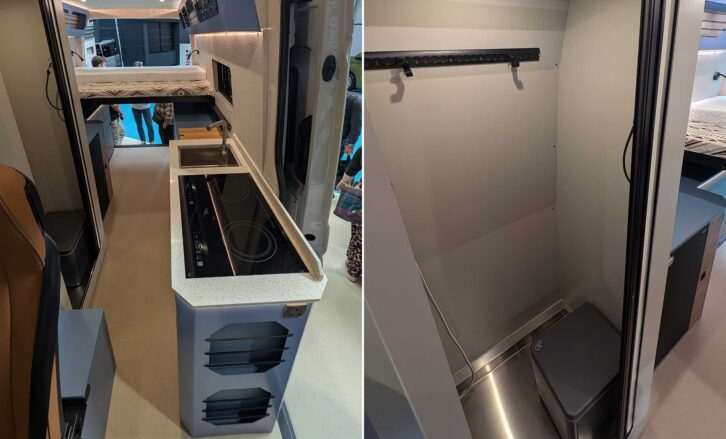 The kitchen in the Mesa (left) and a wardrobe in it (right)