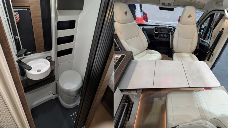 The washroom (left) and pull-out table (right)