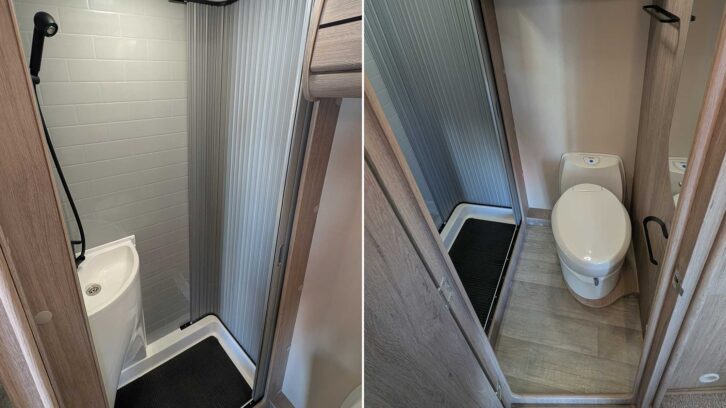 The shower and toilet in the washroom
