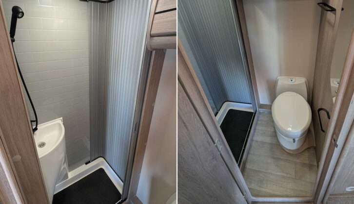 The shower and toilet in the washroom